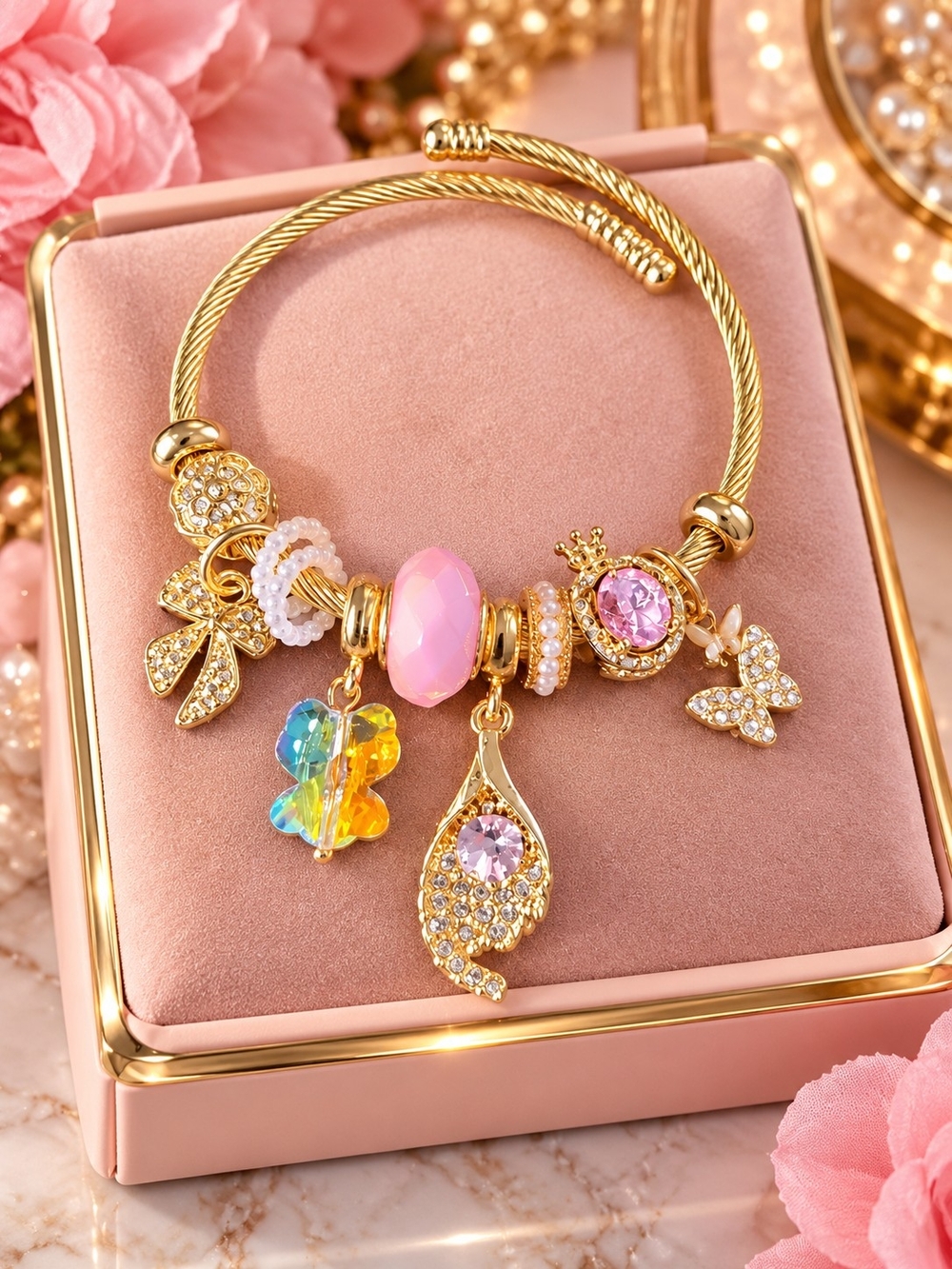 Gold Charm Bracelet with Pink Bead and Multicolor Crystal Pendants
